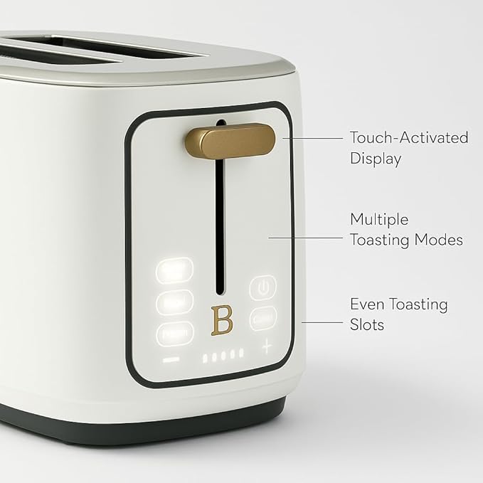 Bayfalcon 2 Slice Toaster with Touch-Activated Display White Icing Finish Wide Slots Bagel &amp Reheat Settings Adjustable Browning Removable Crumb Tray