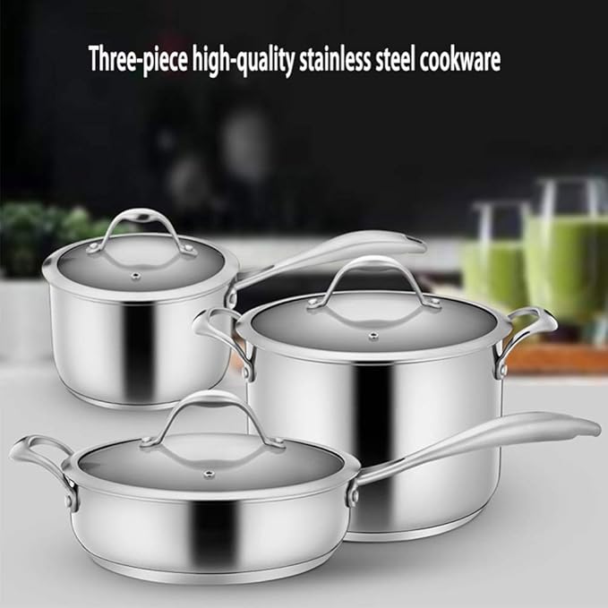 3 Pieces Stainless Steel Cookware Setwith Tempered Glass CoverStock PotFrying PanMilk PanSuitable for A Variety of Heat Sources Including Induction Cookers Cookware Set