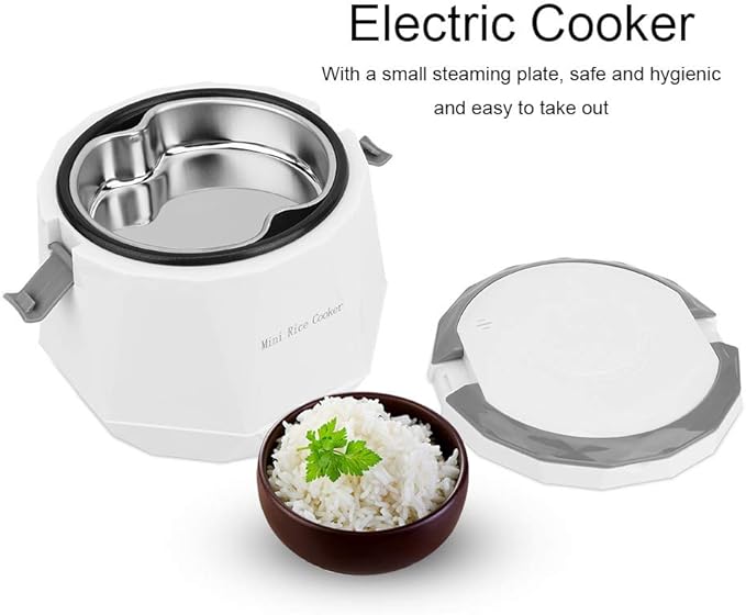 1.6L Mini Rice Cooker Portable Travel Steamer Electric Lunch Box Rice Cooking Tool for 12V Car Use White for Rice/Cooking/Soup
