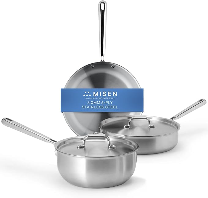 Misen 5-Ply Stainless Steel Cookware Set - Versatile Dishwasher Safe - 5-Piece Set - 10 Skillet 3 QT Saute Pan + Lid 3 QT Saucier + Lid