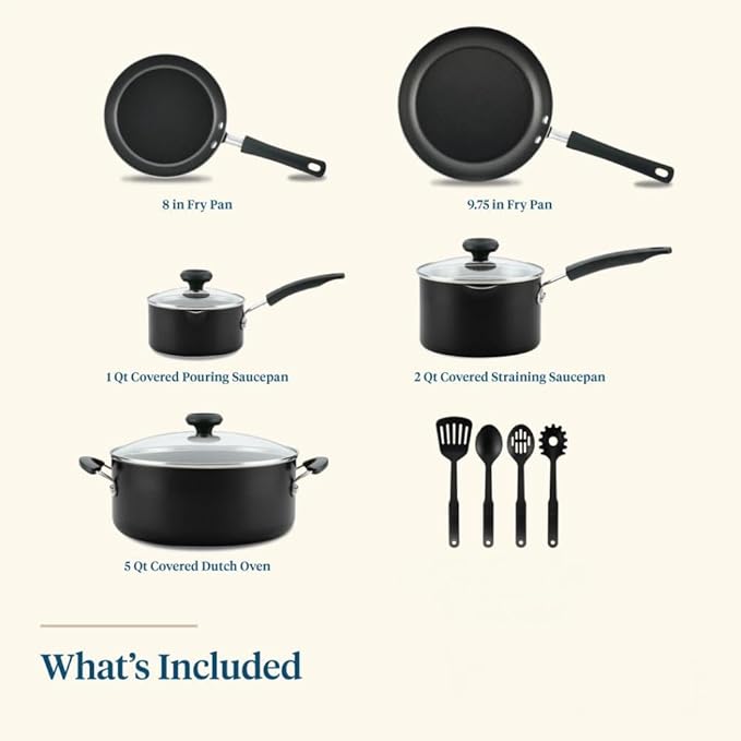 12-Piece Black Non-Stick Pots and Pans Set with Cooking Utensils Dishwasher Safe Aluminum Cookware Even Heating for Various Kitchen Needs
