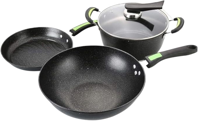Ruvoo Cookware Set Pots and Pans 3Pcs Cookware Set Soup Pot With Lid Wok Frying Pan Medical Stone Wrought Iron Non-Stick Cooking Pot Set Kitchen Kitchen Cooking Set
