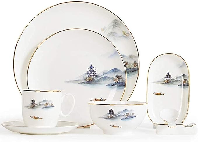 8pc Porcelain Bone China Dinnerware Set Ceramic Dinner Sets Clear Water and Cloud Sky Setting Dishes Set