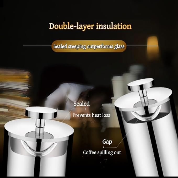 Cafetiere French Press Coffee Maker 350ml/15oz 304 Stainless Steel Portable Double Wall Insulated Heat Resistant Coffee Press for Woman Man Silver Color for Home Camping and Office