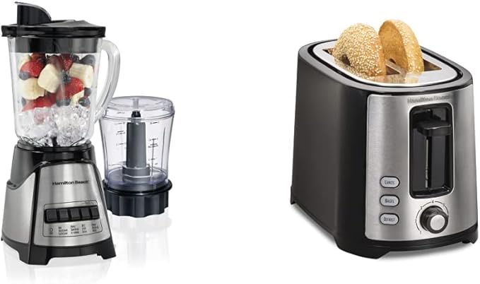 Hamilton Beach Power Elite Blender with 40oz Glass Jar and 3-Cup Vegetable Chopper Black and Stainless Steel (58149) &amp 2 Slice Extra Wide Slot Toaster with Shade Selector Black (22633)