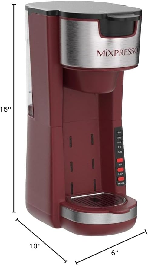 Mixpresso Red Single Serve Coffee Brewer K-Cup Pods Compatible &amp Ground 30 oz Compact Coffee Maker Single Serve With 5 Brew Sizes Up To 14 Oz Fits Travel Mug Adjustable Drip Tray