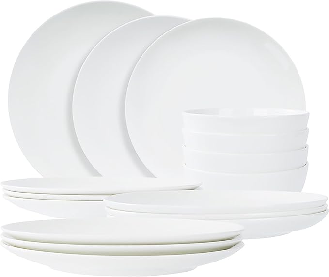 Jasmine Bone China Dinnerware Set 16 Pieces Service for 4 White Plates Dishes Bowls Set Microwave and Dishwasher Safe