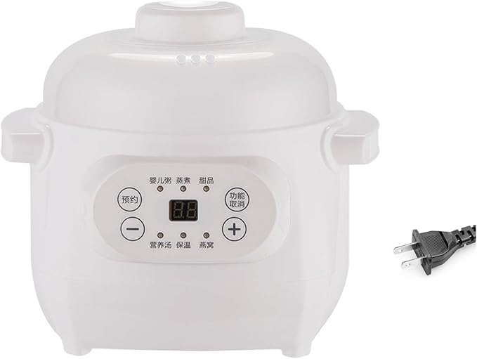 Mini Rice Cooker 1L 200W Mini Ceramic Liner Stew Cooker with Timing Function Slow Cookers with Lid Portable Travel Electric Stew Pot For Cooking Soup Rice Stews White (US