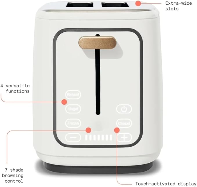 Smart 2-Slice Toaster with Touch-Activated Display Stainless Steel Digital Toaster with 1.5 Extra Wide Slots 7 Shade Settings Countdown Timer Bagel &amp Frozen Presets (white)