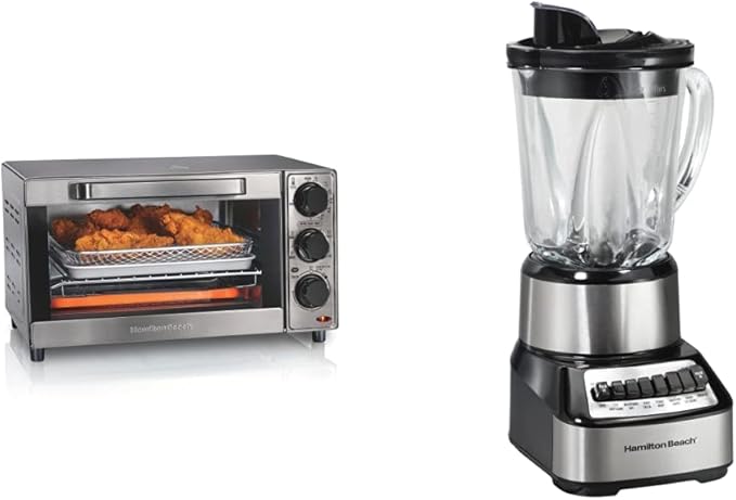 Hamilton Beach Sure-Crisp Air Fryer Countertop Toaster Oven Fits 9” Pizza 4 Slice Capacity Powerful Circulation Auto Shutoff &amp Wave Crusher Blender with 40 Oz Glass Jar and 14 Functions