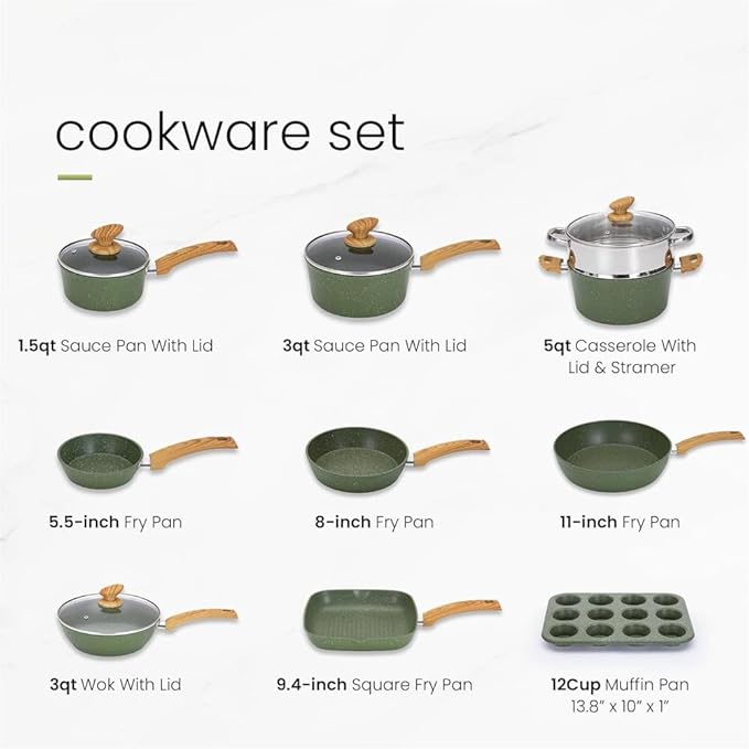 Kitchen Pots and Pans Set Nonstick Induction Kitchen Cookware Set Green Granite Coating Cooking Pans SetAA