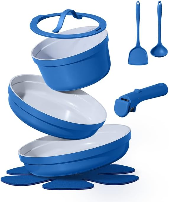 CAROTE 9pcs Pots and Pans SetCeramic Cookware Sets Non Stick with Detachable Handle Induction Kitchen Pots and PansRV Cooking Set Oven/Dishwasher/Fridge Safe Malta Blue