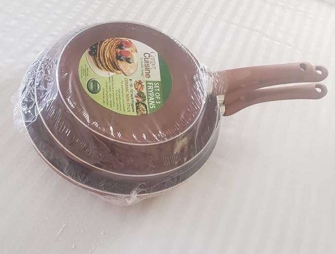 Copper Cuisine by Healthy Living Skillets. 3-piece nonstick cookware set includes 8-inch 10-inch and 12-inch skillets