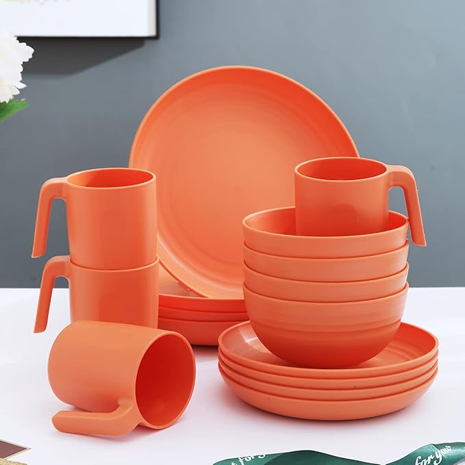 Kyraton Plastic Dinnerware Set of 16 Pieces Unbreakable And Reusable Light Weight Plates Mugs Bowls Dishes Easy to Carry And Clean Microwave Safe BPA Free Dishwasher Safe Service For 4 (Orange)
