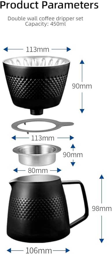 CAFECITO Pour Over Coffee Maker Dripper &amp Server Set | 12oz Double Wall Stainless Steel | Diamond Pattern V60 Brewer Cone Set | 1-2 Cups | Anti-Over Extraction Design