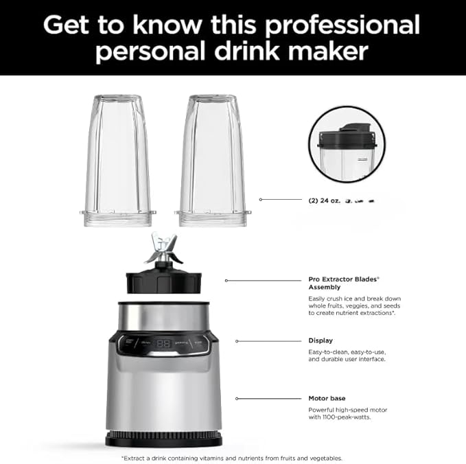 Nin-ja Nutri Blender Pro with Auto iQ 1100 W Personal Smoothie Blender Stainless Steel 2 Cups Dishwasher Safe (model 401)