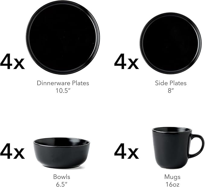SKUGGA Round Stoneware 16pc Dinnerware Set of 4 Dinner Plates Side Plates Cereal Bowls Mugs - Matte Black (472979)