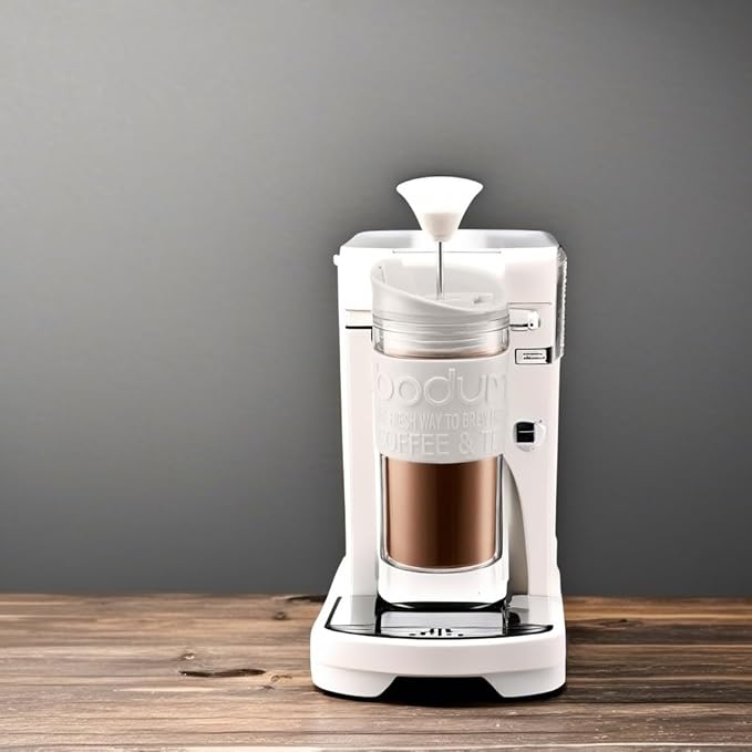 BODUM Travel Press Coffee Maker Flip Top Lid Double Wall Plastic 0.35 l 12 oz Off White
