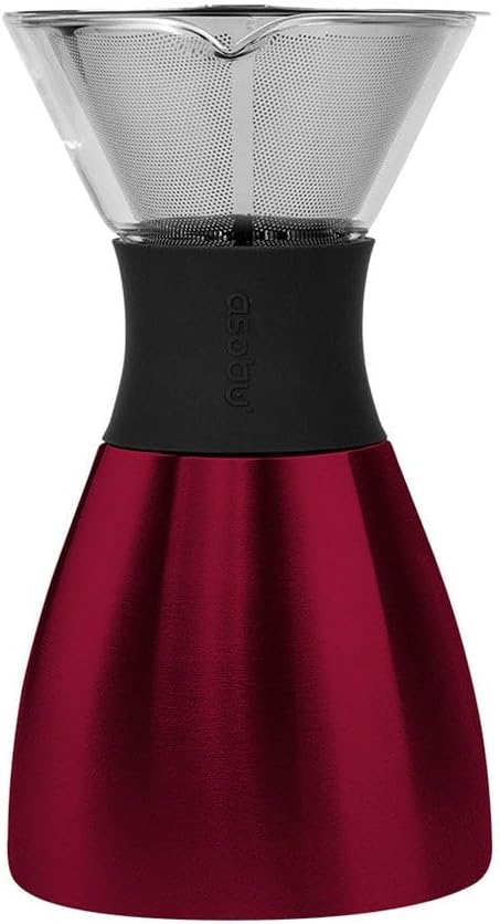 asobu Insulated Pour Over Coffee Maker (32 oz.) Double-Wall Vacuum Stainless-Steel Filter and Take on the Go Carafe (Burgundy)