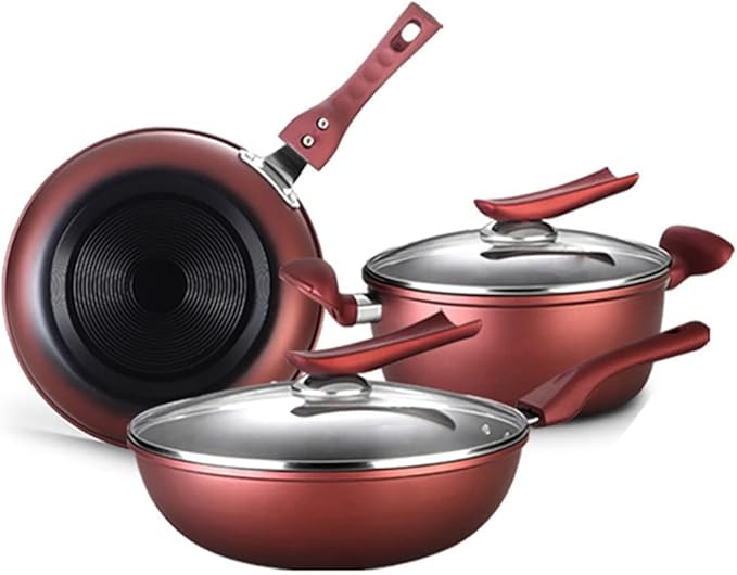 Cookware Set Iron Frying Pan Non- St?ck Wok with Lid Pot Pan Set Fireproof with Glass Cover Wooden Shovel Kitchen Cooking(