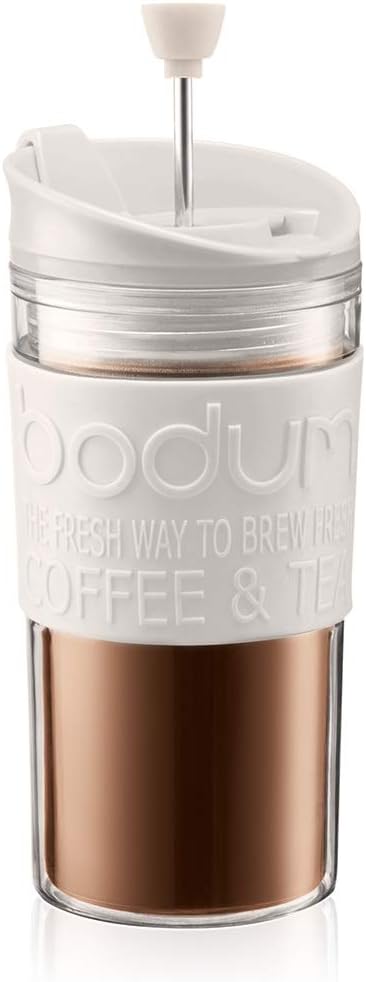 BODUM Travel Press Coffee Maker Flip Top Lid Double Wall Plastic 0.35 l 12 oz Off White