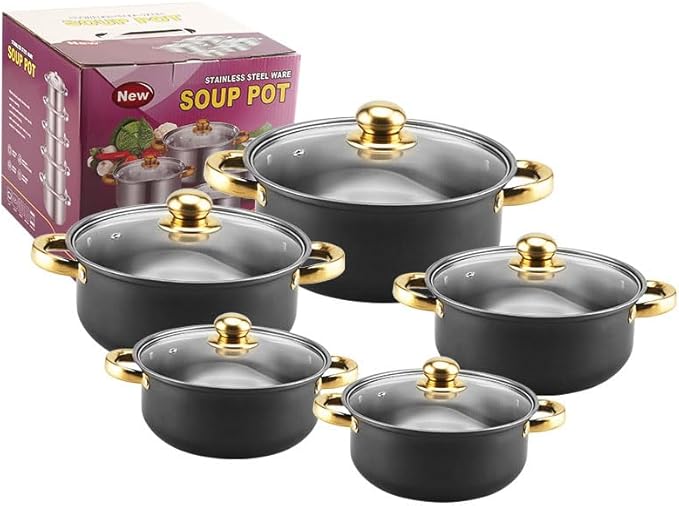 10PCS Stainless Steel Cookware Sets Nonstick Cookware Pot Dishwasher Safe Pots with Glass Lids for Soup Pasta Stew Rice Healthy Everyday Use for Gas Electric Halogen Ceramic Induction Hobs 08