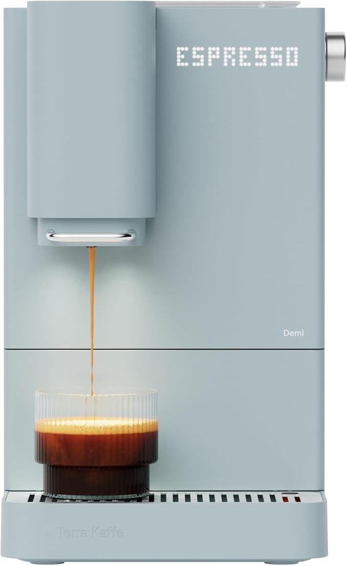 Terra Kaffe Demi Compact Fully Automatic Espresso Machine - Roaster-Approved Espresso Settings - Barista-Level Quality with Built-In Grinder - Coffee Machine - Cloud