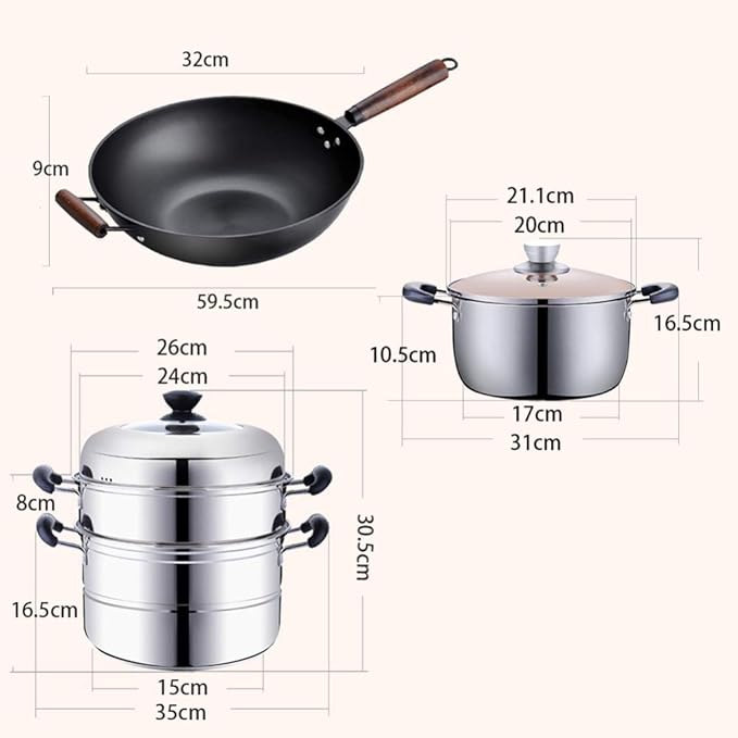 Cookware Set3-Piece Stainless Steel Pot &amp Pan Sets Induction Safe Saucepan Casserole with Glass LidSteamer (Set of 3) Suitable for Gas Induction Cooker Easy to Clean