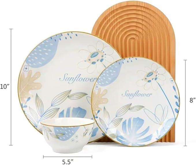 HUHUI Ceramic Dinnerware Sets Service for 4 12-Piece Scratch Resistant Dish Set Microwave and Dishwasherl SafeBlue Floral Ceramic Dinnerware Set sunflower floralblue
