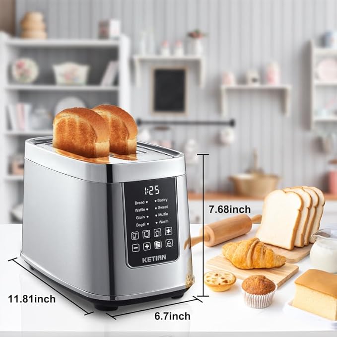 Smart Touch Screen Toaster 2 Slice KETIAN Automatic Digital Stainless Steel Toaster7 Bread TypesSingle Slot Tech7 Browning SettingsRemovable Crumb Tray1400W (Silver)