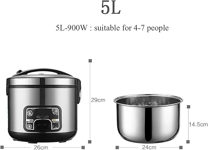 Rice Cooker (2-5L) 201 Stainless Steel Inner Pot Intelligent Insulation Make Rice &amp Steam Food &amp Vegetables 220-240V UK/EU Power(5L)