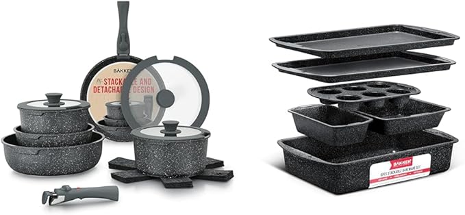 Bakken-Swiss Detachable 15-Piece Cookware Set – Granite Non-Stick – Eco-Friendly &amp Bakeware Set – 6 Piece – Stackable Deluxe Non-Stick Baking Pans for Professional and Home Cooking