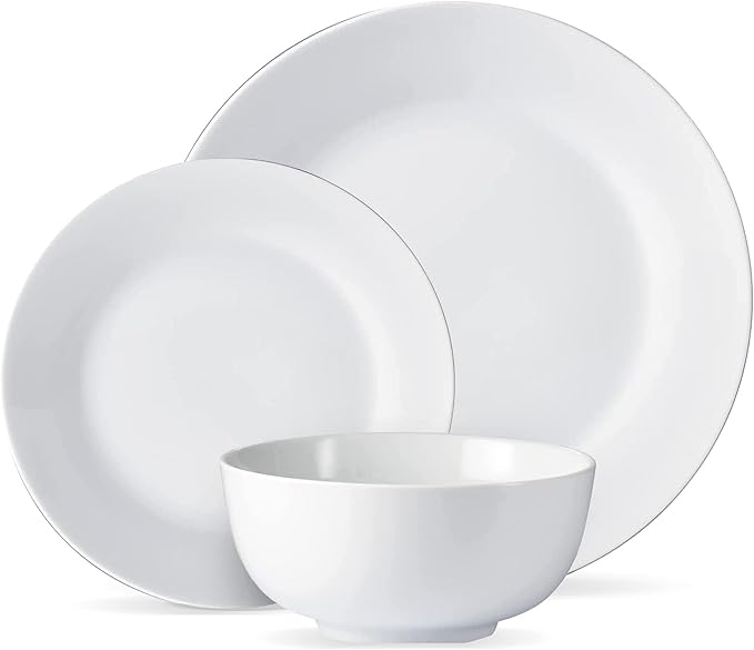 Pemberly Row Porcelain Dinnerware Set 12-Piece Plain White Round Rim Aspen Design Includes Dinner Plates Salad Plates Bowls Lightweight Stackable Microwave &amp Dishwasher Safe Chip Resistan