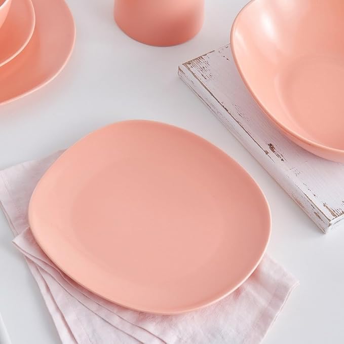 Minimalistic 6 Pieces Organic Shaped Dinner Plates Porcelain Dinnerware Set | Pretty Coral Peach Color Solid Design Dishwasher Microwave Safe Mix &amp Match Set