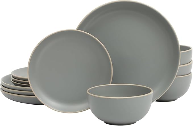 12-Piece Matte Gray Stoneware Dinnerware Set – Modern Plates Bowls &amp Mugs for Everyday Dining (Matte Grey)