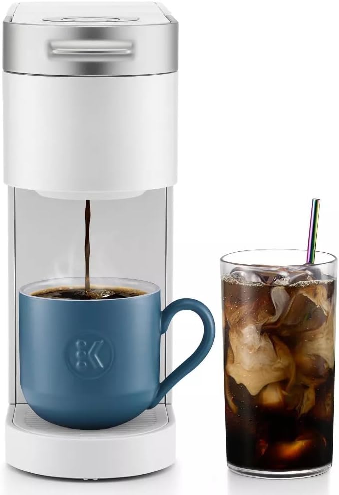 K-Iced Plus Single-Serve Coffee Maker &amp Espresso Machine - Brews Iced &amp Hot Coffee Compact Design Fits Travel Mugs 46 oz Removable Water Reservoir Auto Shut-Off KCup Compatible White