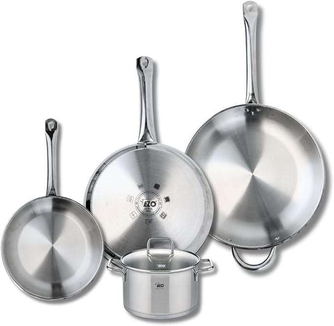 ELO 9511050 Cookware Set 4 Pieces 3 Frying Pans 24 28 and 32 cm and 1 Cooking Pot 16 cm Elo Profi Citrine Stainless Steel Induction