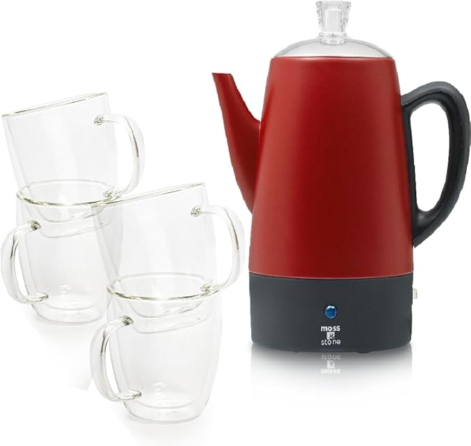 Moss &amp Stone Electric Coffee Percolator Red Body with Stainless Steel Lid Coffee Maker Percolator Electric Pot Red Camping Coffee Pot 10 Cups Bundle With Set of 4 Double Wall Glass Cup Clear Mu