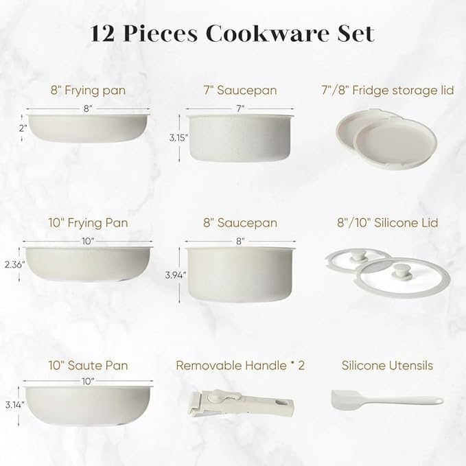 12 Pcs Pots and Pans Set Nonstick Kitchen Cookware Set with Detachable Handle Induction Cookware DishwasherA12 Pc