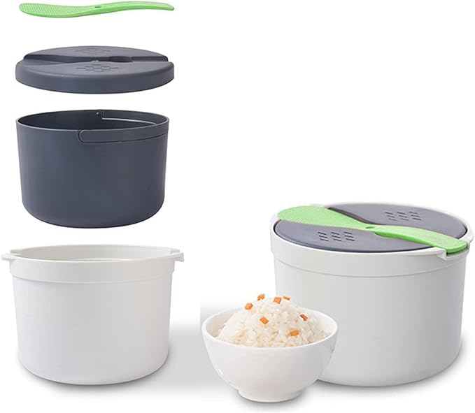 Microwave Rice Cooker 2-Layer Microwave Vegetable Steamer Non-Stick 2L Rice Steamer &amp Pasta Cooker with Strainer Dishwasher Safe Microwave Steamer for Pasta Potatoes Vegetables(Green)