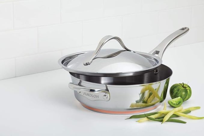 Anolon Novelle Copper Stainless Steel Saute Pan / Frying Pan / Fry Pan with Lid and Helper Handle - 3 Quart Silver