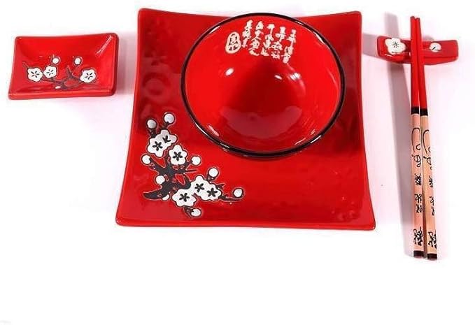 Japanese Dinner Set - 10 Pieces Red Floral Pattern