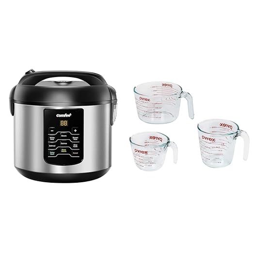COMFEE' 6-in-1 Multi Cooker Bundle with Pyrex 3-Piece Glass Measuring Cup Set 2 QT Capacity Rice Cooker with Steamer Slow Cooker Saute Functions