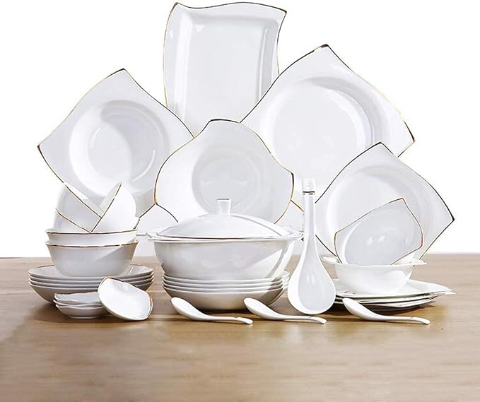 Ceramics Dinnerware Set with 48-PieceBowl/Dish/Soup Pot/Spoon|Bone China Dinner SetsGold Stroke Pattern Porcelain Combination Set