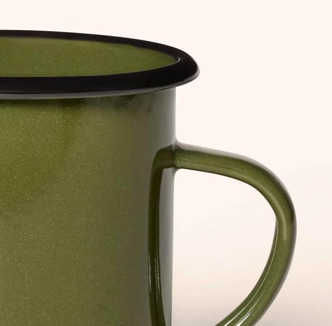 4 Piece Enamel Dinnerware Set Dark Green with Black Rim Includes Plate Bowl and Mug