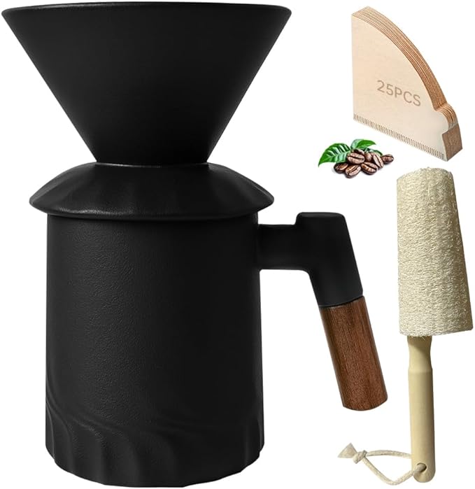 Pour Over Coffee Maker Set Ceramic Pour Over Coffee Dripper 15.5oz/450 ml with 25 Pcs V60 Paper Filter Coffee Pour Over Set for Camping Black