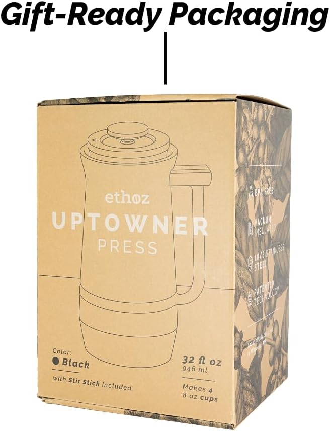 Ethoz® by Planetary Design Uptowner French Press | 32 fl oz Stainless Steel | US Patented Bru-Stop &amp Removable Bottom | Double-Wall Insulated for Smooth Balanced Coffee – No Grit No Bitterness
