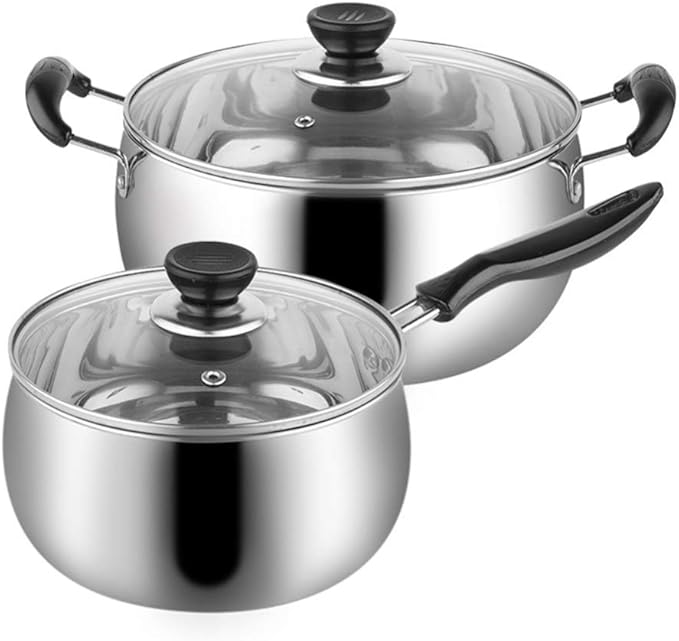 2-Piece Pot SetCookware Setwith Tempered Glass Lid Comfortable Handle Stainless Steel Soup Pot Suitable for Gas Induction Cooker Easy to Clean Deep Pan