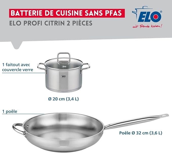 ELO 9698750 Set of 2 Cookware Set 1 Frying Pan 32 cm and 1 Saucepan 20 cm Elo Profi Citrine Stainless Steel Induction