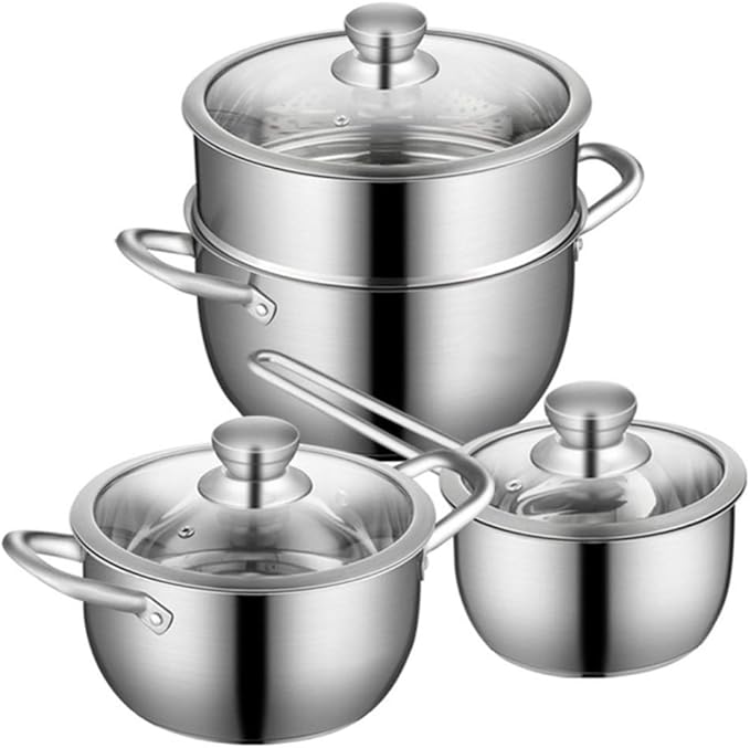 Cookware Set3-Piece Stainless Steel Pot &amp Pan Sets Induction Safe SaucepanMilk Pot with Tempered Glass Cover Comfortable Handle Suitable for Various Gas and Induct
